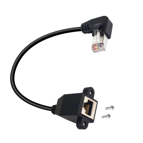 QIANRENON 90°Angle RJ50 10P10C Panel Mount Ethernet Extension Cable, 10P 10C Female to Right Angle Male Communication Extension Cable, Cat5E, Shielded, 30cm/11.8in (Right Bend)