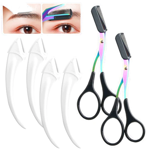 Jawfait 6 Pcs Eyebrow Trimmer Scissors with Comb, Curved Eye Brow Razor, Non-Slip Stainless Steel Facial Hair Removal Grooming, Brow Shaping Beard Shaving Kit Beauty Accessories for Women Men (Black)