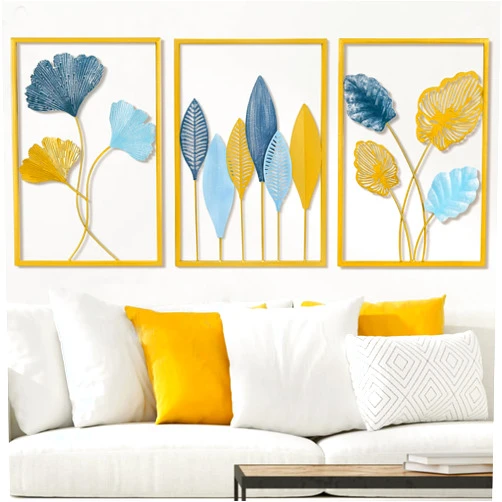 Rebala Gold Metal Wall Art Decor,Blue And Gold Wall Decor Living Room,Metal Leaf Wall Art Decor,Iron Artwork Decor Accent Wall Hanging Wall Sculptures For Bedroom,Bathroom,Office.(3pcs)