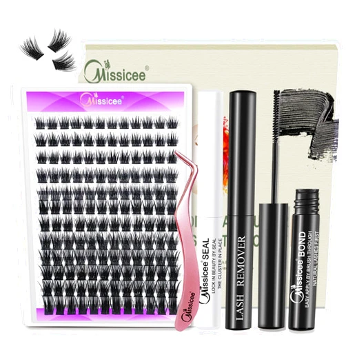 Missicee DIY Lash Extension Kit, Missicee Cluster Eyelash Extension Kit with Lash Bond & Seal, Applicator and Remover, 144 Pcs 0.10mm 56D 9-16mm Mixed Wide-stem Cluster Lash, Individual Lashes Kit at Home