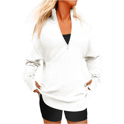 Gumiao Oversized Sweatshirt for Women V Neck Casual Ribbed Solid Pullover Tops Warm Sweater Y2k Streetwear (White, XL)