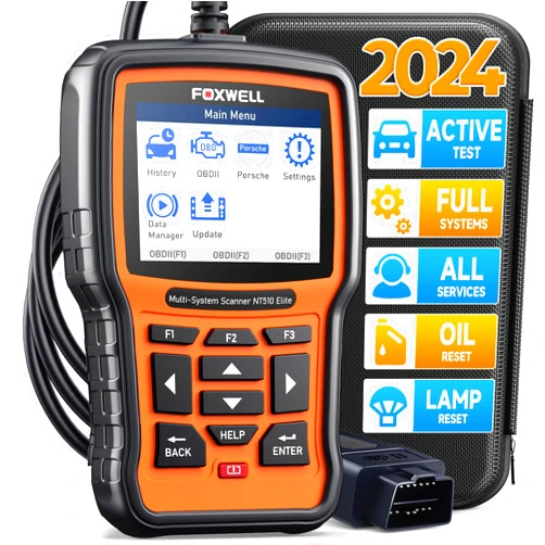 FOXWELL NT510 fit for Porsche OBD2 Scanner Diagnostic Tool Full System ABS SRS Engine Code Reader with Bi-Directional Control All Service Reset Oil EPB SAS ESP Crankshaft Relearn Battery Registration