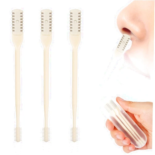PEUTIER 3pcs 2 in 1 Nose Hair Trimmer, 360° Rotating Nasal Hair Cutter Clipper Double Sided Nose Hair Cleaner Portable Manual Nostril Hair Removal Tool with Ear Picker for Men Women (Cream)
