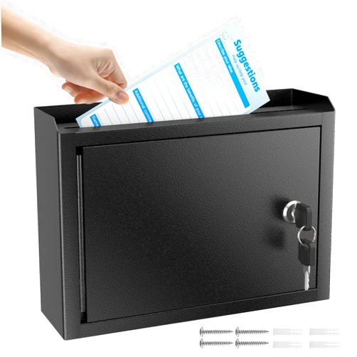 MaxGear Metal Suggestion Box with Lock, Seure Locked Mail Box,Wall Mounted Mailbox Drop Box with Lock, Ballot Box Safe Money Box with 50 Suggestion Cards 9.8‘’ x 3‘’ x 7‘’ - Black