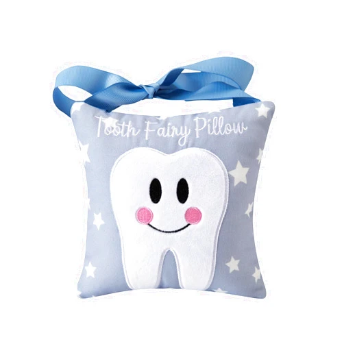 Xunboo Tooth Fairy Pillow with Pocket for Kids Tooth Keepsake Pouch Tooth Fairy Bag on Back Toothfairy Gift for Boys and Girls, 6.8 x 6.8 inches (Light Blue)