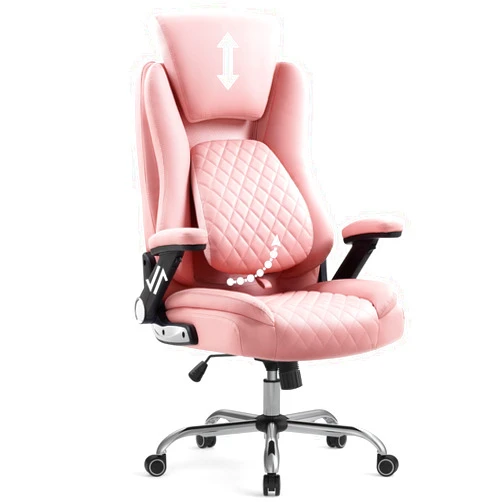 YAMASORO Ergonomic Executive Office Chair Pink High Back Leather Computer Desk Chairs with Wheels and Flip-up Arms, Adjustable Headrest and Lumbar Support