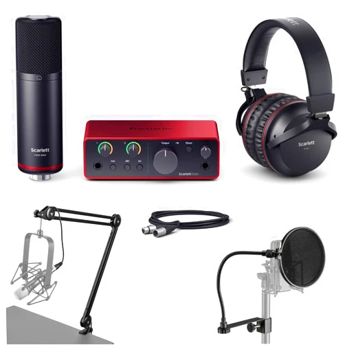Focusrite Scarlett Solo Studio 4th Gen USB Audio Interface with Software Suite, Bundle, Broadcast Arm With Internal Springs & Pop Filter, Includes, CM25 condenser microphone, SH-450 headphones