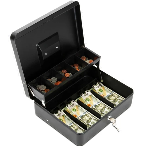 Sgorlds Cash Box Key Lock on Side, Cash Box with Money Tray & Key Lock 4 Bill 5 Coin Slots,Large Safe Lock Box with Key,Metal Money Saving Organizer for Security 11.8L x 9.5W x 3.5H Inches, Black
