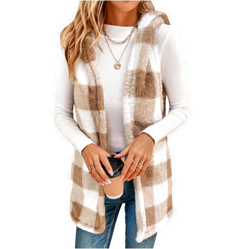 GORGLITTER Women's Plaid Teddy Vest Coat Sleeveless Zipper Placket Hooded Outwear