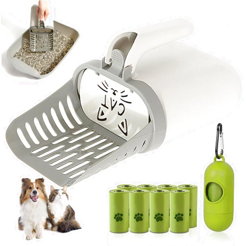 HFVTOSVCHE Cat Litter Scooper with Holder，Cat Litter Scoop with 120 Refill Bags with Dispenser, Large Capacity Cat Scooper Portable Shovel