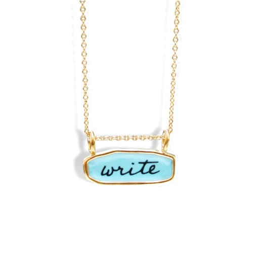 Mark Poulin Gold Write Create Necklace - 18k Plated Sterling Silver and Enamel Pendant on Adjustable Chain - Gift for Authors Writers Poets
