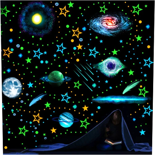 Pajean 5 Sheets Glow in The Dark Moon Planets Stars for Ceiling Glowing Star Moon Planets Wall Decals Solar System Galaxy Space Stickers Nursery Wall Decals for Kids Boys Bedroom Party Decor (Night Sky)