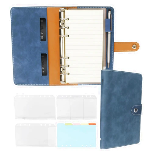 FYY A6 Binder Refillable Planner Notebook 6 Ring PU Leather Binder Journal with Pockets, Dividers, Refill Paper Navy