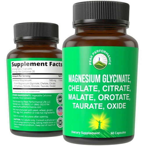 Peak Performance Magnesium Glycinate + Citrate + Malate + Chelate + Orotate + Taurate + Oxide. 7 Forms of Magnesium Complex. 500mg Magnesium Supplement Capsules for Women & Men. 2 Pills for Sleep, Leg Cramps, Muscles