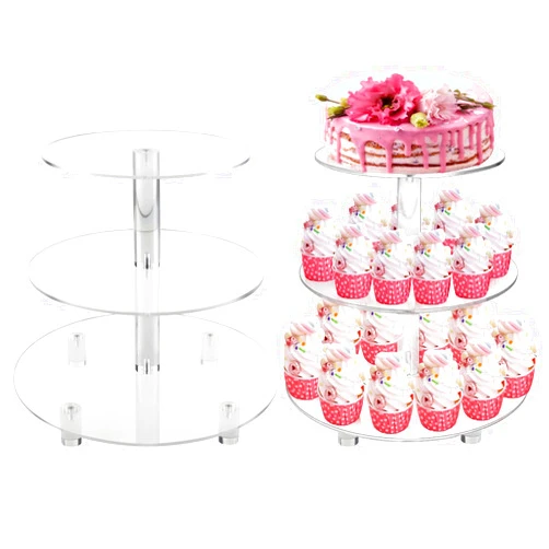 Ufurty 3 Tiers Round Cupcake Stand, Acrylic Cake Tower Stand Holder Macaron Display Rack Cookie Candy Buffet Desserts Platter with Base for Baby Shower, Birthday Party, Wedding, Party (3-Tiers with Base)
