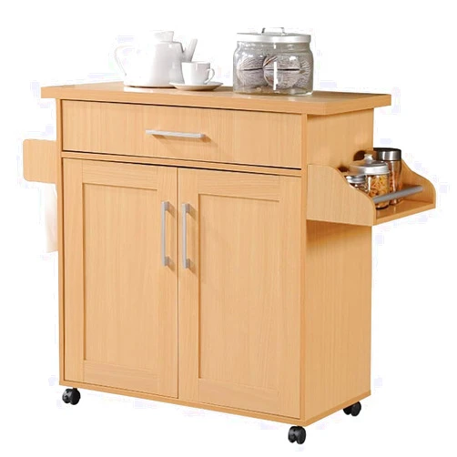 Prettyshop4246 Kitchen Trolley Cart Island Rolling Storage Table Utility Cabinet Towel Hanger Side shelf 2 Large Tier1 Drawer Front Door Pull Open Kitchen Living Room Indoor Outdoor Food Server Home Kitchen Beech