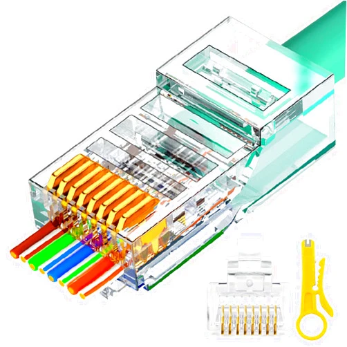 PETECHTOOL RJ45 Cat6 Cat5e Pass Through Connectors 100 Packs Gold Plated 3 Prong 8P8C Modular Ethernet UTP Network Cable Plug for Unshielded Twisted Pair Solid Wire & Standard Cables