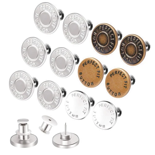 KING MOUNTAIN 12 Sets Buttons pins for Loose Jeans，No Sew Jeans Button Replacement，Pants Button Tightener for Waist，Button Pins for Jeans to Make Smaller,Women's Novelty Buttons，Reusable and Adjustable