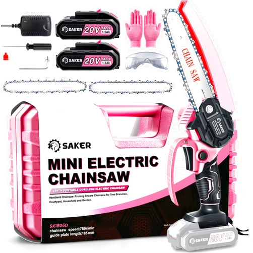 Saker Mini Electric Chainsaw,6 Inch, Handheld Portable Chain Saw Pruning Shears Chainsaw Cordless for Tree Branches,Household and Garden(SAKER MINI CHAINSAW PINK + 2 BATTERIES + 3 CHAINS)