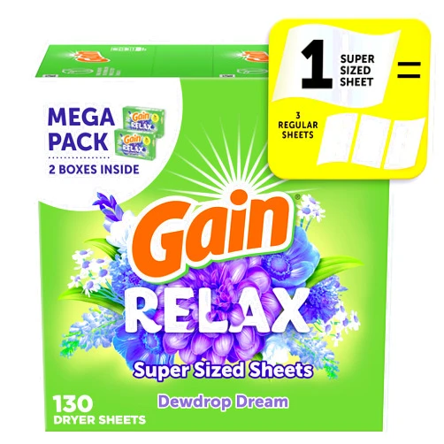 Gain Super Sized Dryer Sheets, Laundry Fabric Softener, Relax, 130 Count