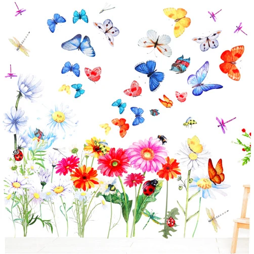 Zonon 64 Pcs Flowers Butterflies Wall Decals Chrysanthemums Dragonflies Wall Sticker Botanical Peel and Stick Art Removable PVC Garden Decal for Nursery Bedroom Decor(Colorful)