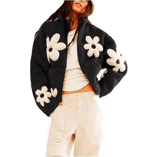 Maixang Womens Floral Print Sherpa Fleece Jackets Winter Zipper Cropped Coat Casual Long Sleeve Outwear with Pockets