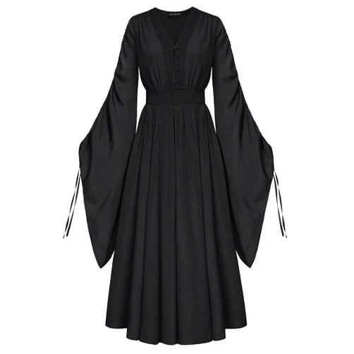 Scarlet Darkness Renaissance Costume Women Fairy Dress V Neck Drawstring Bell Sleeve Long Dress with Pockets