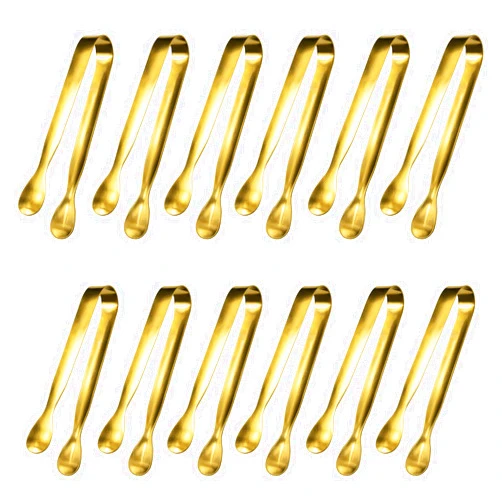 JCREN 12 Pcs Serving Tongs, Small Serving Utensils for Parties Catering Gold Tongs, Food-Grade 304 Stainless Steel Mini Appetizer Tongs for Tea Party Coffee Bar, 4