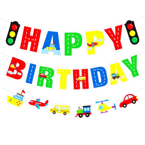 Faisichocalato Transportation Happy Birthday Banner Car Bus Train Plane Ship Helicopter Traffic Light Photo Props Garland for Kids Transportation Theme Birthday Party Decorations Baby Shower Supplies