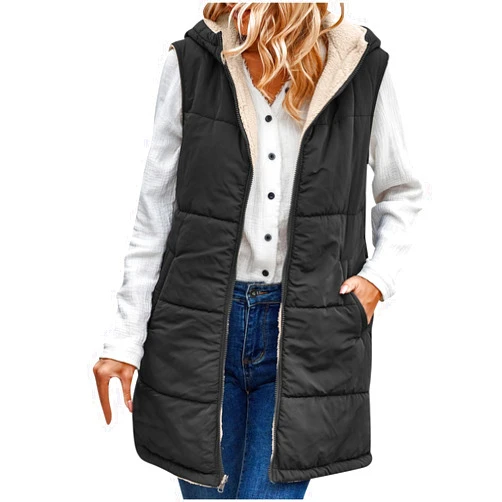 SHOPESSA Womens Quilted Puffer Vest with Hood Fleece Lined Sherpa Coat Long Hooded Padded Puffer Jacket Outerwear Peacoat