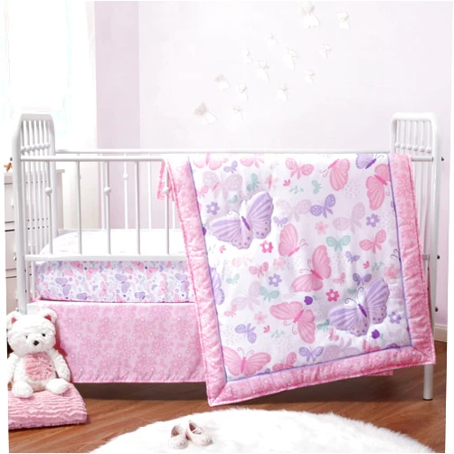 The Peanutshell 3 Piece Baby Crib Bedding Set for Girls - Newborn, Infant & Toddler Nursery Bed Set Decor with Fitted Crib Sheet, Dust Ruffle Comforter - Butterfly Song