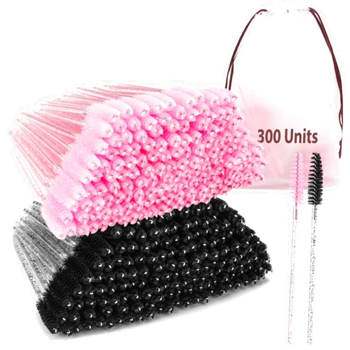 EWAGOA 300 Pcs Disposable Mascara Wands, Crystal Eyelash Brush Eyebrow Spoolies for Eyelash Extensions, Pink & Black Mascara Brush