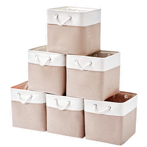 MidmmVick 12 x 12 Inch Cube Storage Bins, 6 Pack Large Collapsible Fabric Storage Bin with Ropes, Foldable Storage Cubes for Home, Office,Closet, Clothes, Toys Organizer (White & Beige)