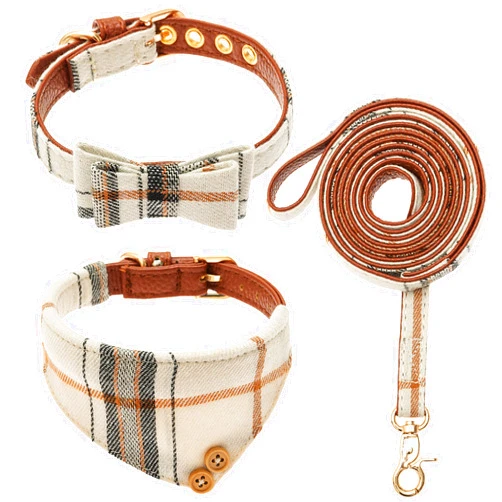 TUKOAW Leather Small Dog Collar and Leash Set - Plaid Bow Tie & Bandana Cute Dog Collar with Bell - Adjustable Pet Collars with Walking Leash for Small Dog Puppy Cat