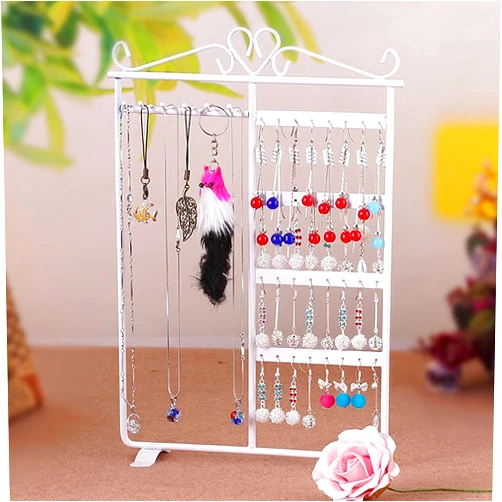 kaileyouxiangongsi Earrings Organizer,4-Layer 32 Holes Ear Stud Holder, Perfect Earrings, 6 Hooks Jewelry Organizer for Necklaces and Bracelets (White)