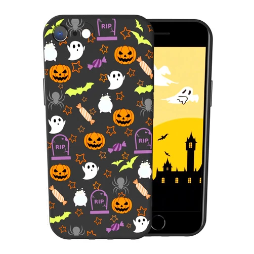 FOQENCCI Halloween Phone Case Compatible for iPhone SE 2022 SE 2020 7 8 with Bat Pumpkin Candy Spider Ghost Halloween Pattern Designed Black Soft TPU + Camera Frame Protection Slim Phone Cover