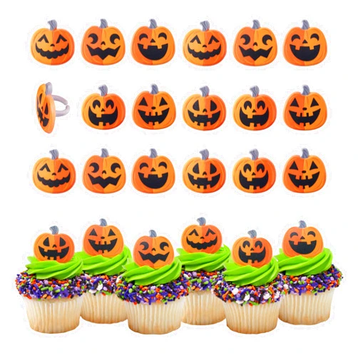 DecoPac Jack O' Lantern Cupcake Rings, 24 Spooky Pumpkin Cupcake Toppers For Halloween Parties & Celebrations, Orange Food Safe Cake Toppers – 24 Pack