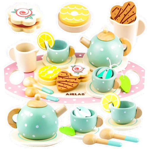 Airlab Wooden Tea Set for Little Girls Play Food Pretend Play Kitchen Accessories for 3 4 5 Years Old Girls and Boys Toddler Princess Tea Time Party Food Toys