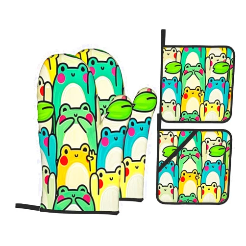Neonvane 4 Pieces Flowers Oven Mitts and Pot Holder Set Floral Oven Gloves and Hot Pads Pot Holders for Farmhouse Kitchen Accessories and Decoration (Frog)