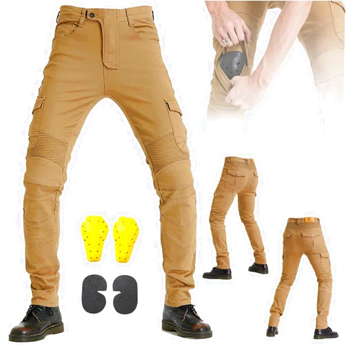 ZZJCY Summer Men Motorcycle Riding Jeans, Motocross Denim Pants with Removable Armor, Riding Cargo Pants with Copper Buttons and Pockets, Perfect for Motorcycle and Daily,Khaki,XXL