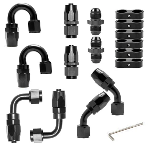 LEDAUT 6AN Swivel Fuel Hose End Fitting Straight 45 Degree 90 Degree 180 Degree 6AN Hose Separator Clamp 6AN to 6AN Male Coupler Adapter Fitting for Braided Fuel Line Aluminum Black