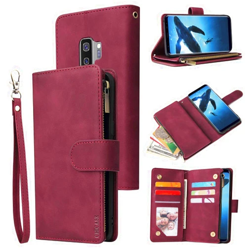 CHICASE Wallet Case for Galaxy S9,Samsung S9 Case,Leather Handbag Zipper Pocket Card Holder Slots Wrist Strap Flip Protective Phone Cover for Samsung Galaxy S9(Wine Red)