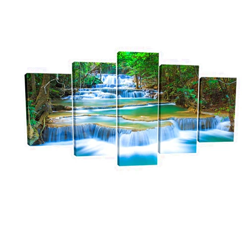 Wieco Art Peaceful Waterfall 5 Panels Large Canvas Paintings Wall Art Modern Gallery Wrapped Landscape Forest Giclee Canvas Print Artwork Photo Pictures for Living Room Bedroom Home Decorations L