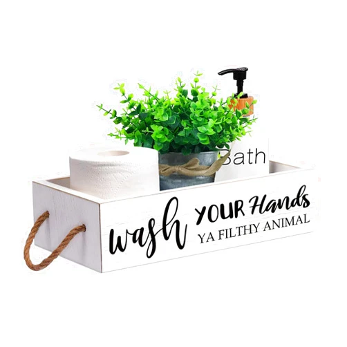 Msyueos Wash Your Hands Toilet Tank Basket Wooden Toilet Paper Basket Storage Box with 2 Sides Signs Toilet Basket Bathroom Decor Box Home Toilet Decor White Basket for Bathroom
