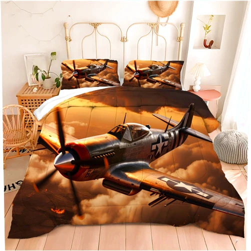 Motorax Military Propeller Fighter Bedding Sets Piston Fighter in The war Military Theme Down Comforter for Boys Adults Men Bedroom Decor with 2 Pillow Shams Full Size