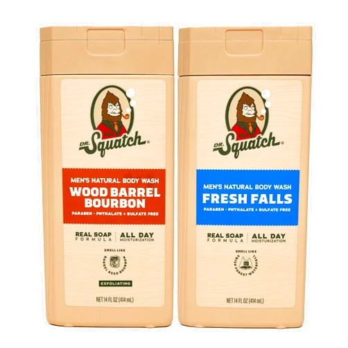 Dr. Squatch NEW Natural Body Wash for Men - Exfoliating and Non-Exfoliating - Wood Barrel Bourbon + Fresh Falls (14 oz, 2 Pack)