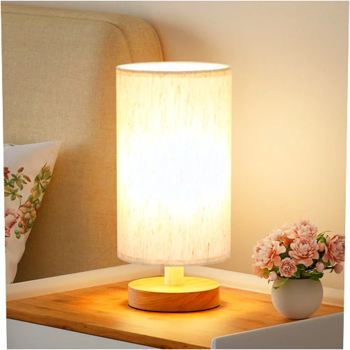 Fenmzee Small Table Lamp for Bedroom - Inline Control, Bedside Lamp with 3000K A15 LED Blub, Easy Assembly (Cream Shade - Wood Base, 9