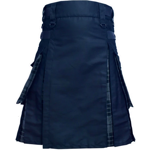 RIMSH LLC Men's Hybrid Black Cotton & Tartan Utility Kilt for Men Plus Size Kilts with Leather Straps