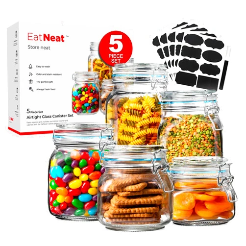 EatNeat Set of 5 Glass Storage Jars - Glass Canister w/Bail & Trigger Clasp Lid - Premium Food Storage and Canning Jars for Pantry Organization - Versatile Containers in Assorted Sizes, 17oz to 68oz