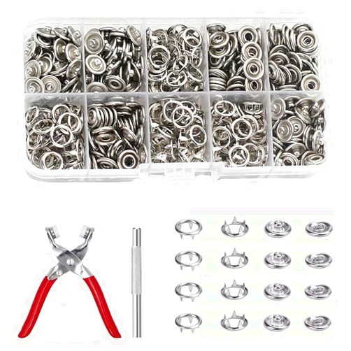Seakcoik 100 Sets 9.5mm Metal Snaps Buttons Tool Kit with Fastener Pliers Press Perfect for DIY Crafts Clothes Bibs Hats and Sewing,Snap Button Fasteners Kit for Fabric (Silver)